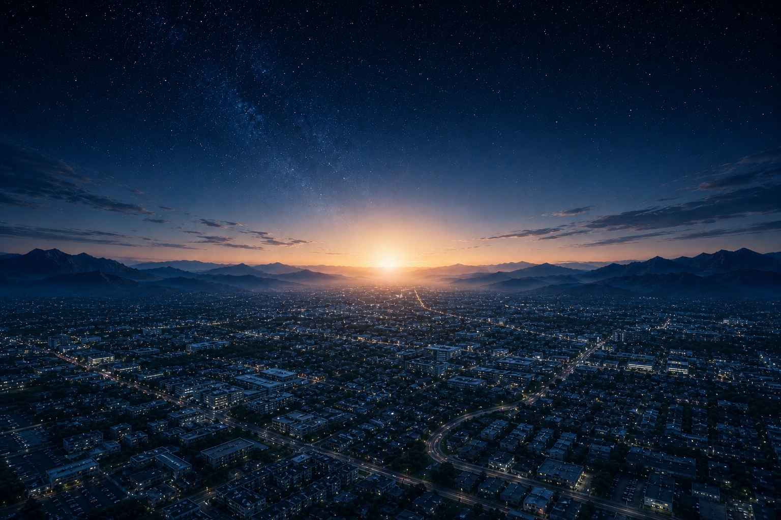 The sun rising over a city, with distant mountains beneath a star-filled sky.